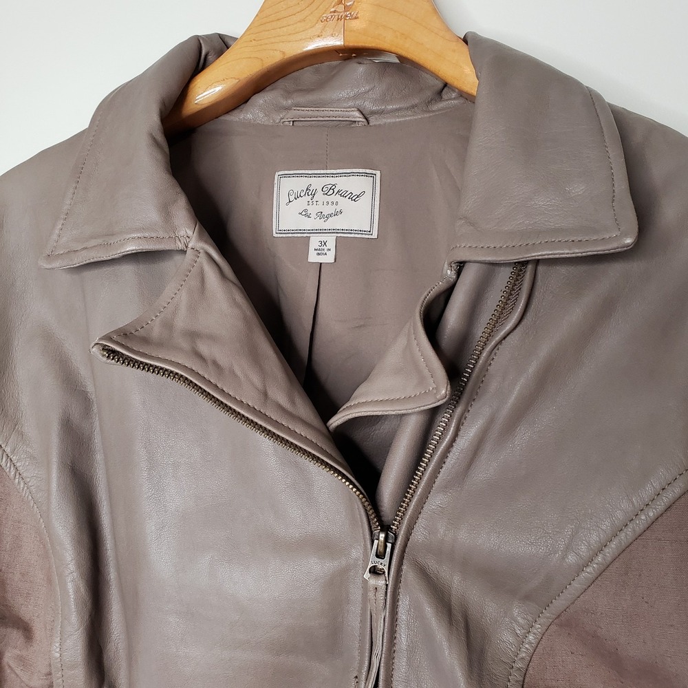 Lucky Brand Lamb Leather & Linen Moto Jacket Sz 3X Full Zip Boho Biker Coat - Picture 2 of 16
